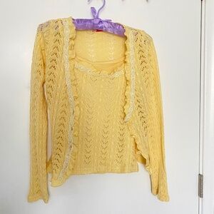 Yellow knitted tank top with matching cardigan
